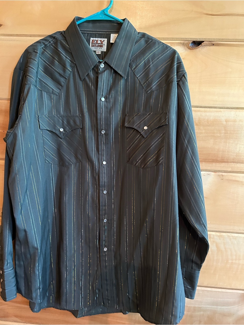 Ely Cattleman Green Long-Sleeve Snap Button Shirt Gold  Silver stripes sizeXL